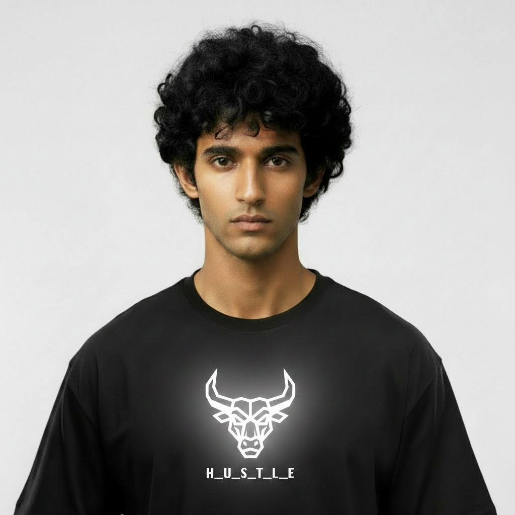 Hustle Loose Fit Korean Style T-Shirt. Heavy Material. UV Protection -Reflective Bull Edition